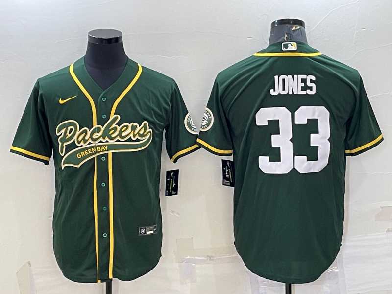 Men%27s Green Bay Packers #33 Aaron Jones Green With Patch Cool Base Stitched Baseball Jersey